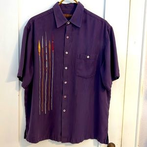 EUC Tori Richard Honolulu Silk Blend Embroidered Spears Tiki Purple Size L